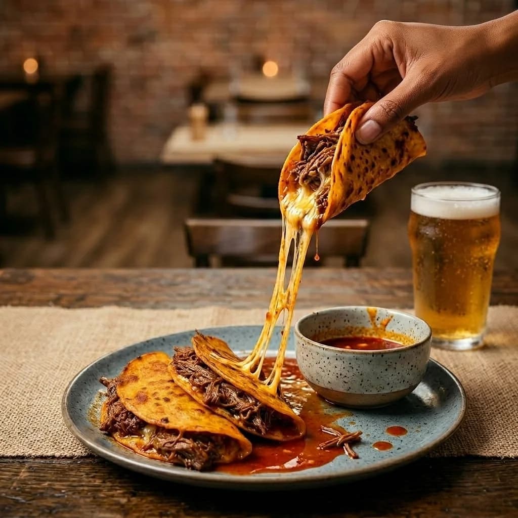 Style Kit example — birria tacos with cheese pull