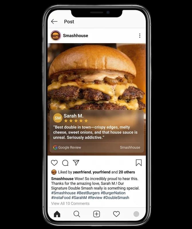 Reputation Studio writes the caption and schedules the post across your social media channels—turning customer praise into marketing that attracts new diners.