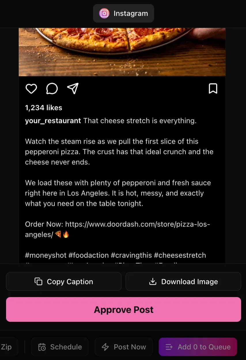 Flip through your generated posts, make quick edits, and approve the ones that match your restaurant’s voice.